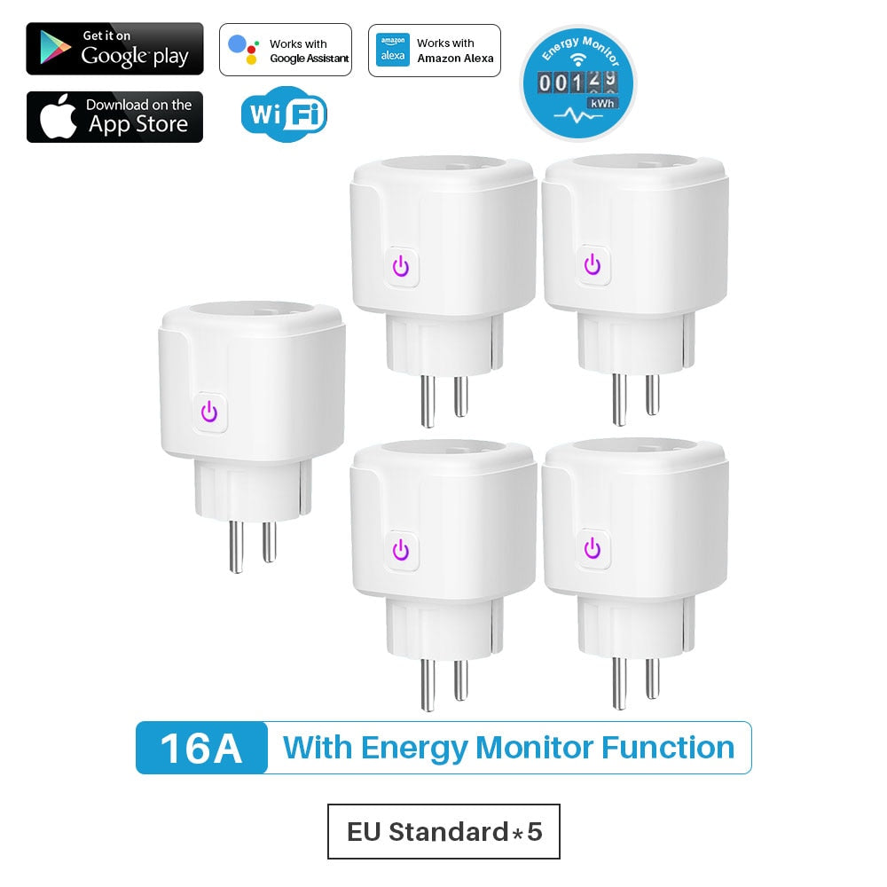 Enchufe Inteligente con WiFi, Monitor de potencia de 16A.  Control por voz asistente de Google, Alexa, Yandex y aplicación móvil Tuya SmartLife.