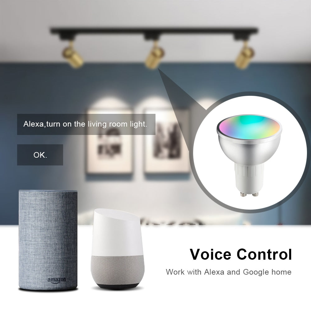 Bombilla Foco GU10 Inteligente RGB WiFi 5W regulable. funciona con alexa o google home y aplicación móvil mediante wifi.