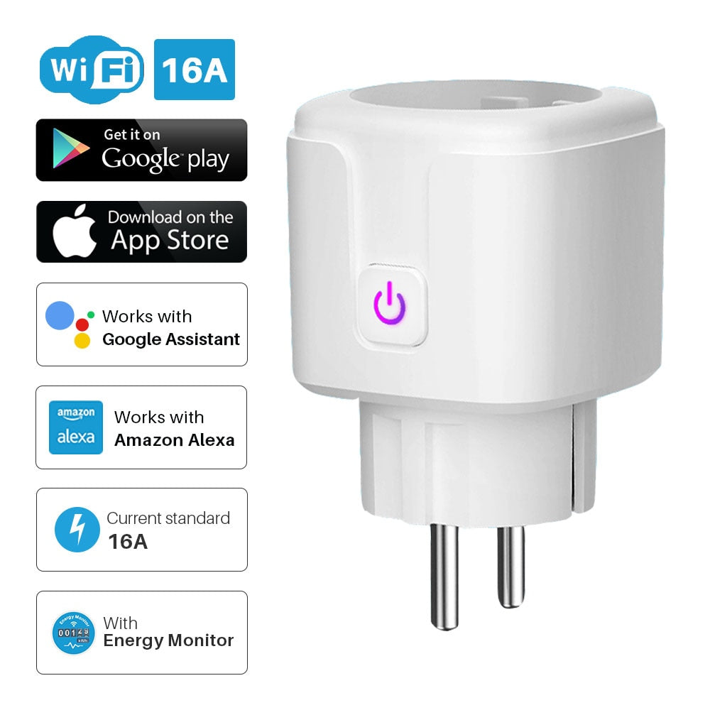 Enchufe Inteligente con WiFi, Monitor de potencia de 16A.  Control por voz asistente de Google, Alexa, Yandex y aplicación móvil Tuya SmartLife.