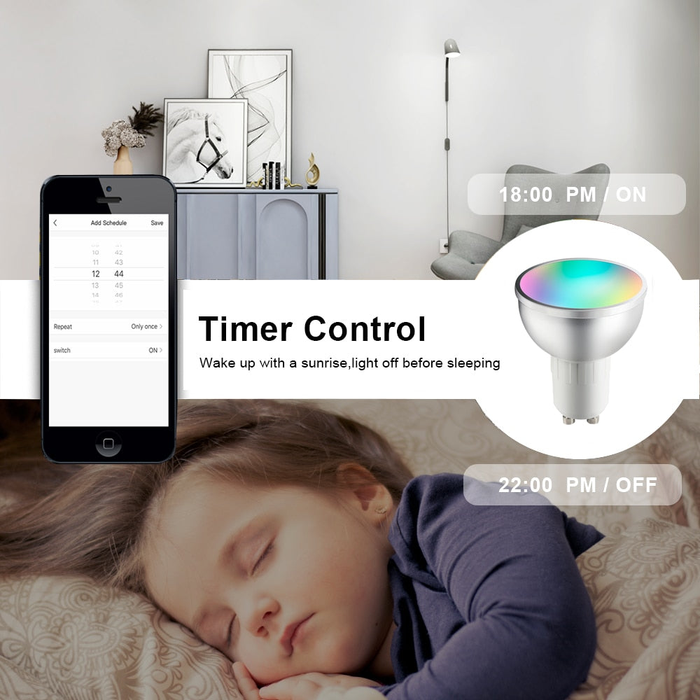 Bombilla Foco GU10 Inteligente RGB WiFi 5W regulable. funciona con alexa o google home y aplicación móvil mediante wifi.