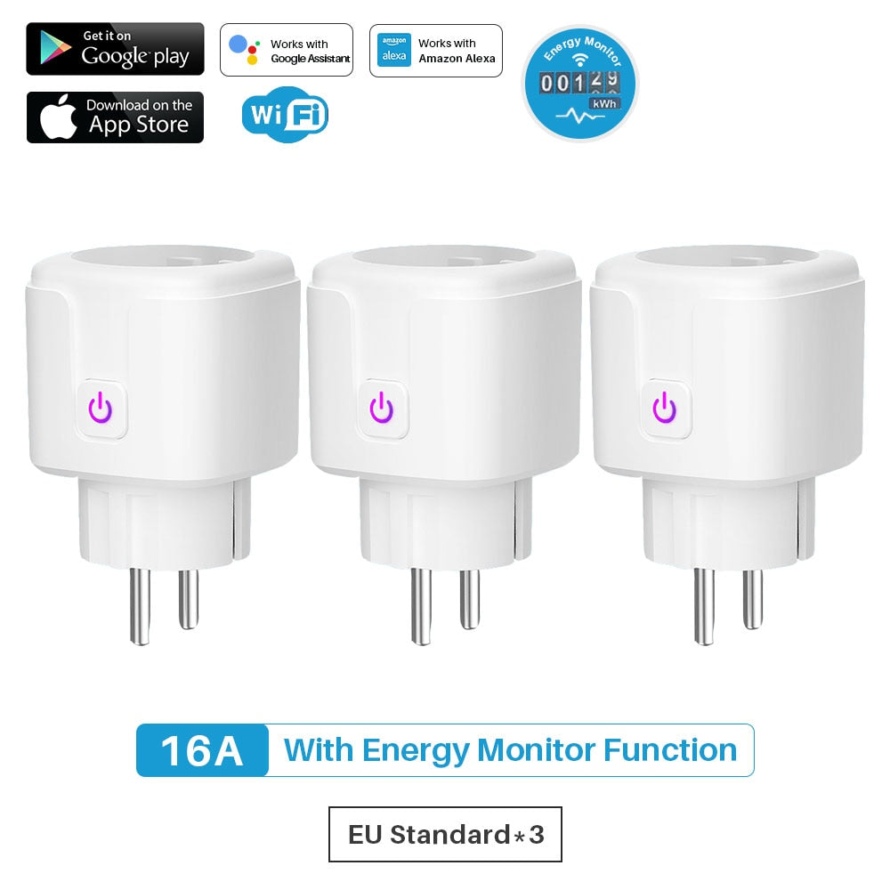 Enchufe Inteligente con WiFi, Monitor de potencia de 16A.  Control por voz asistente de Google, Alexa, Yandex y aplicación móvil Tuya SmartLife.