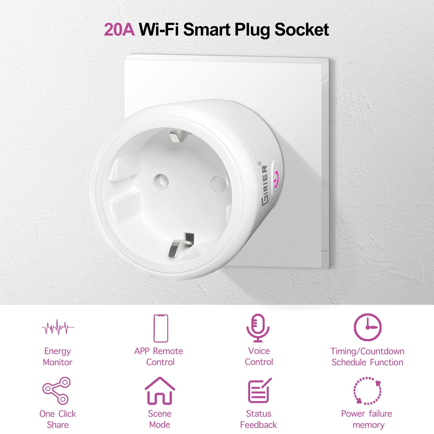 Enchufe inteligente Wifi 20A con función de control remoto y monitorización por aplicación tuyasmartlife, control por voz con el asistente de google y alexa.
