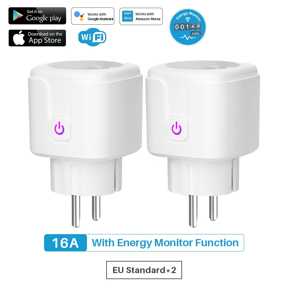 Enchufe Inteligente con WiFi, Monitor de potencia de 16A. Control por voz asistente de Google, Alexa, Yandex y aplicación móvil Tuya SmartLife.