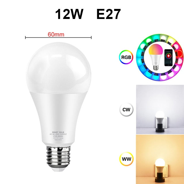 SmartLED: Bombilla Inteligente RGB E27 12w/15w con Control de Voz google home, alexa y aplicación Móvil