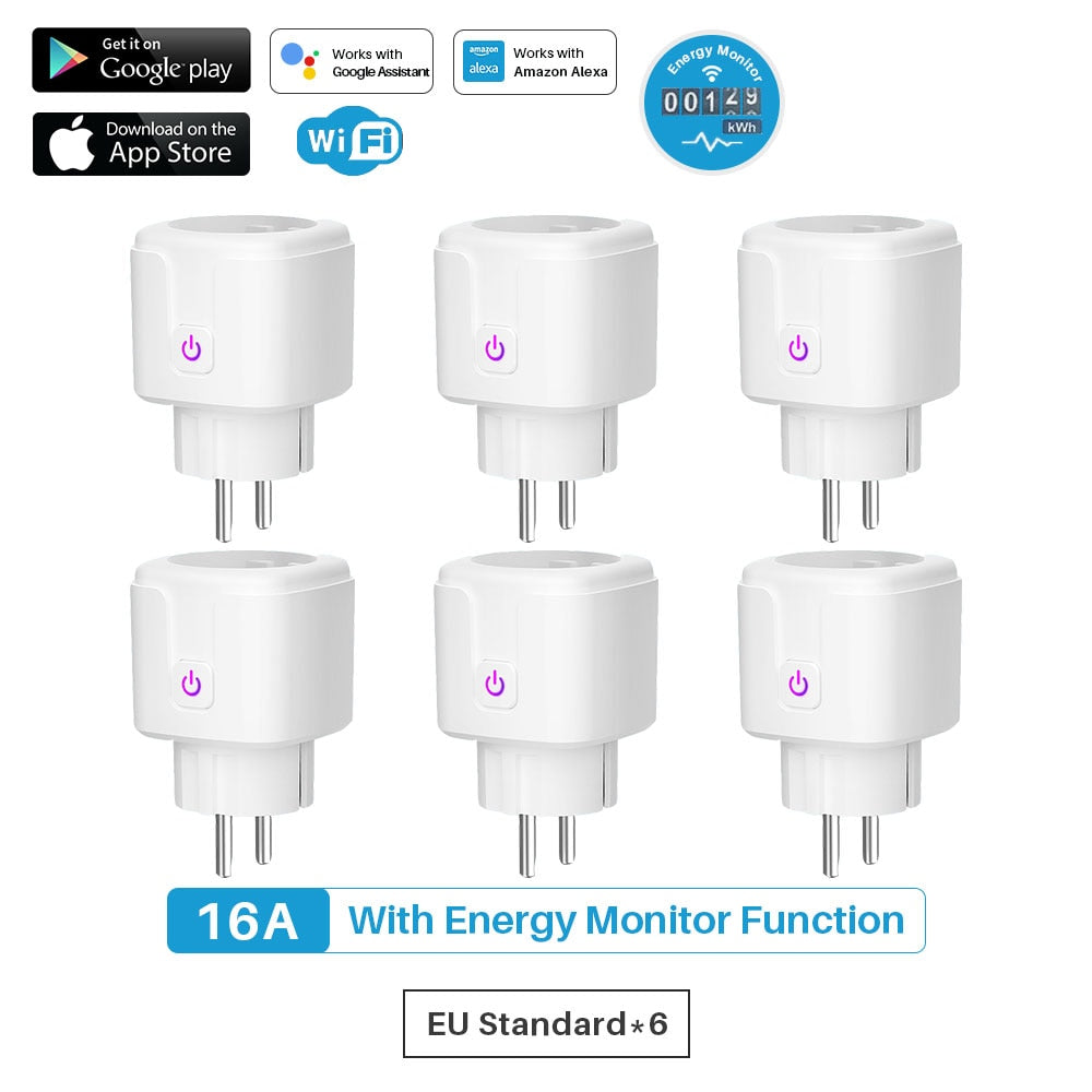 Enchufe Inteligente con WiFi, Monitor de potencia de 16A.  Control por voz asistente de Google, Alexa, Yandex y aplicación móvil Tuya SmartLife.