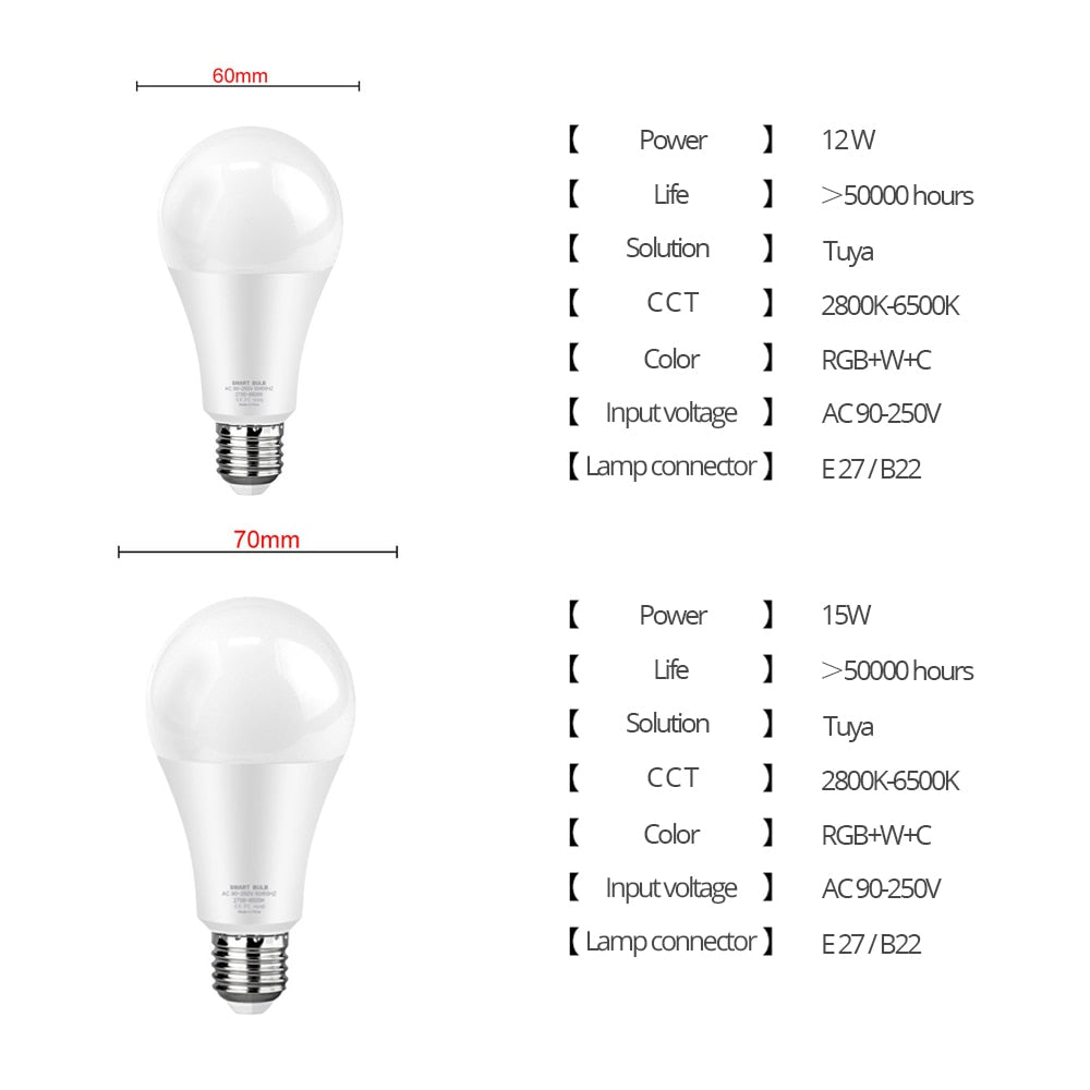 SmartLED: Bombilla Inteligente RGB E27 12w/15w con Control de Voz google home, alexa y aplicación Móvil