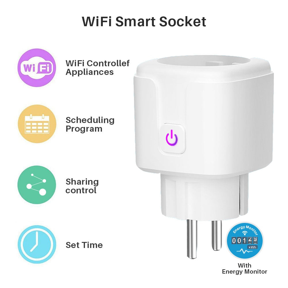 Enchufe Inteligente con WiFi, Monitor de potencia de 16A.  Control por voz asistente de Google, Alexa, Yandex y aplicación móvil Tuya SmartLife.