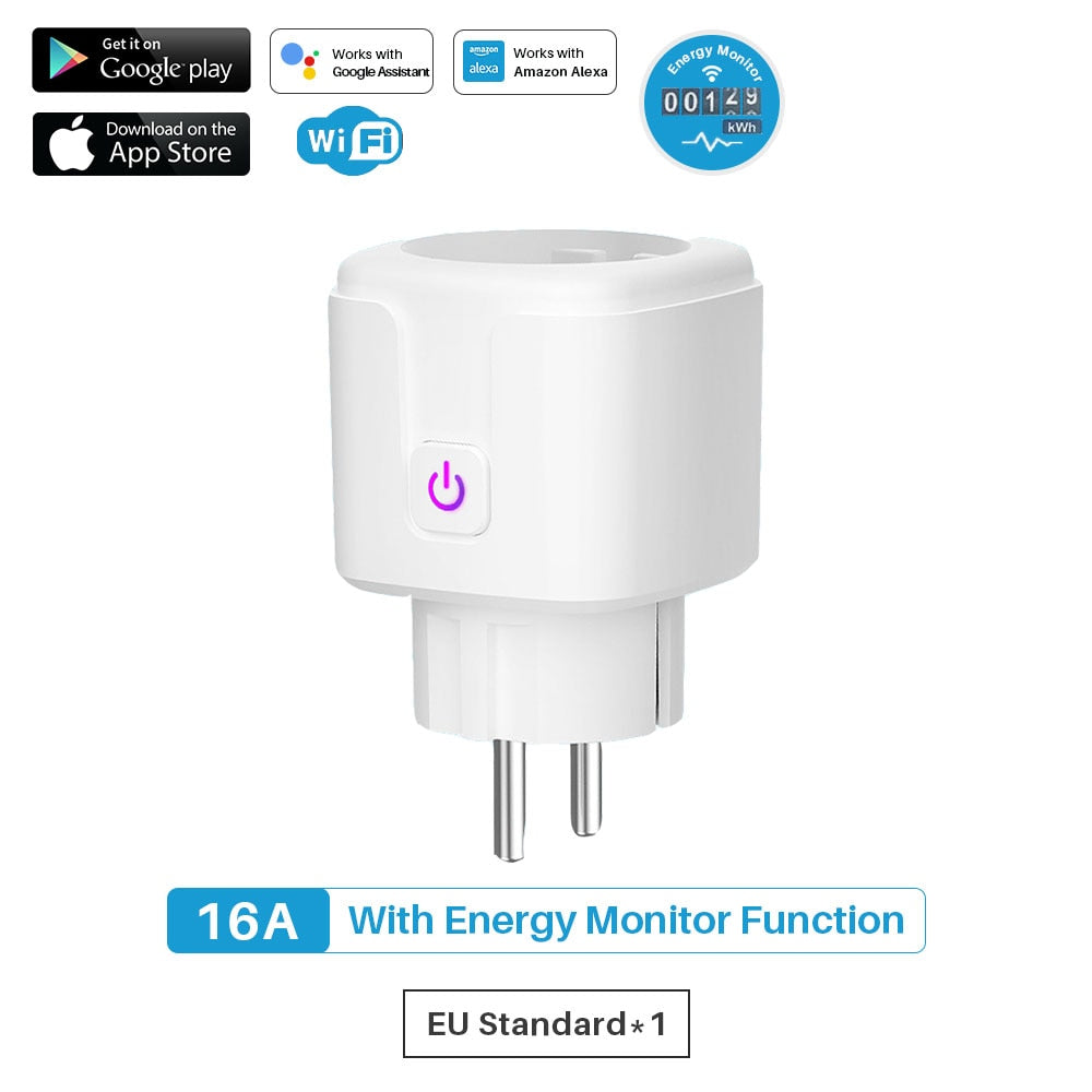 Enchufe Inteligente con WiFi, Monitor de potencia de 16A.  Control por voz asistente de Google, Alexa, Yandex y aplicación móvil Tuya SmartLife.