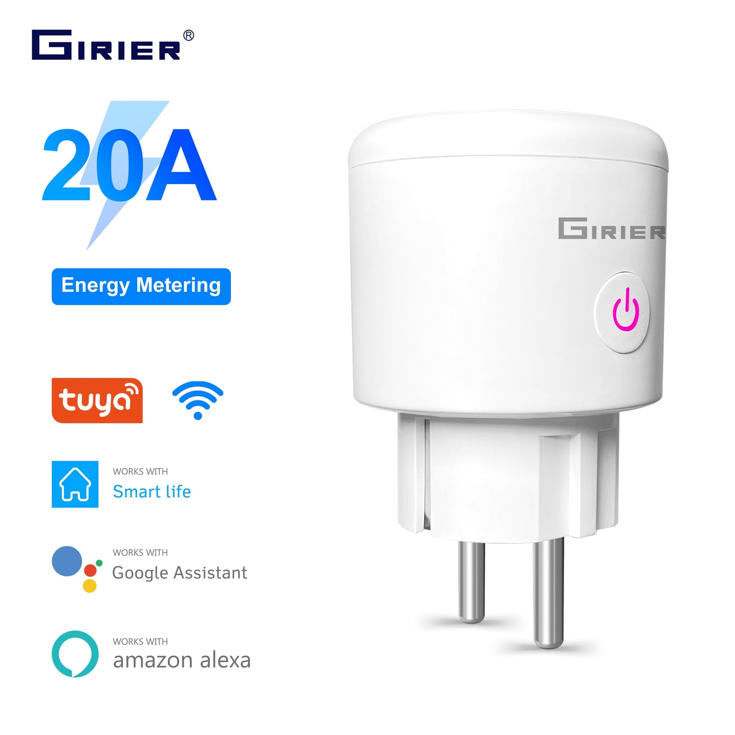 Enchufe inteligente Wifi 20A con función de control remoto y monitorización por aplicación tuyasmartlife, control por voz con el asistente de google y alexa.