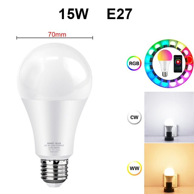 SmartLED: Bombilla Inteligente RGB E27 12w/15w con Control de Voz google home, alexa y aplicación Móvil