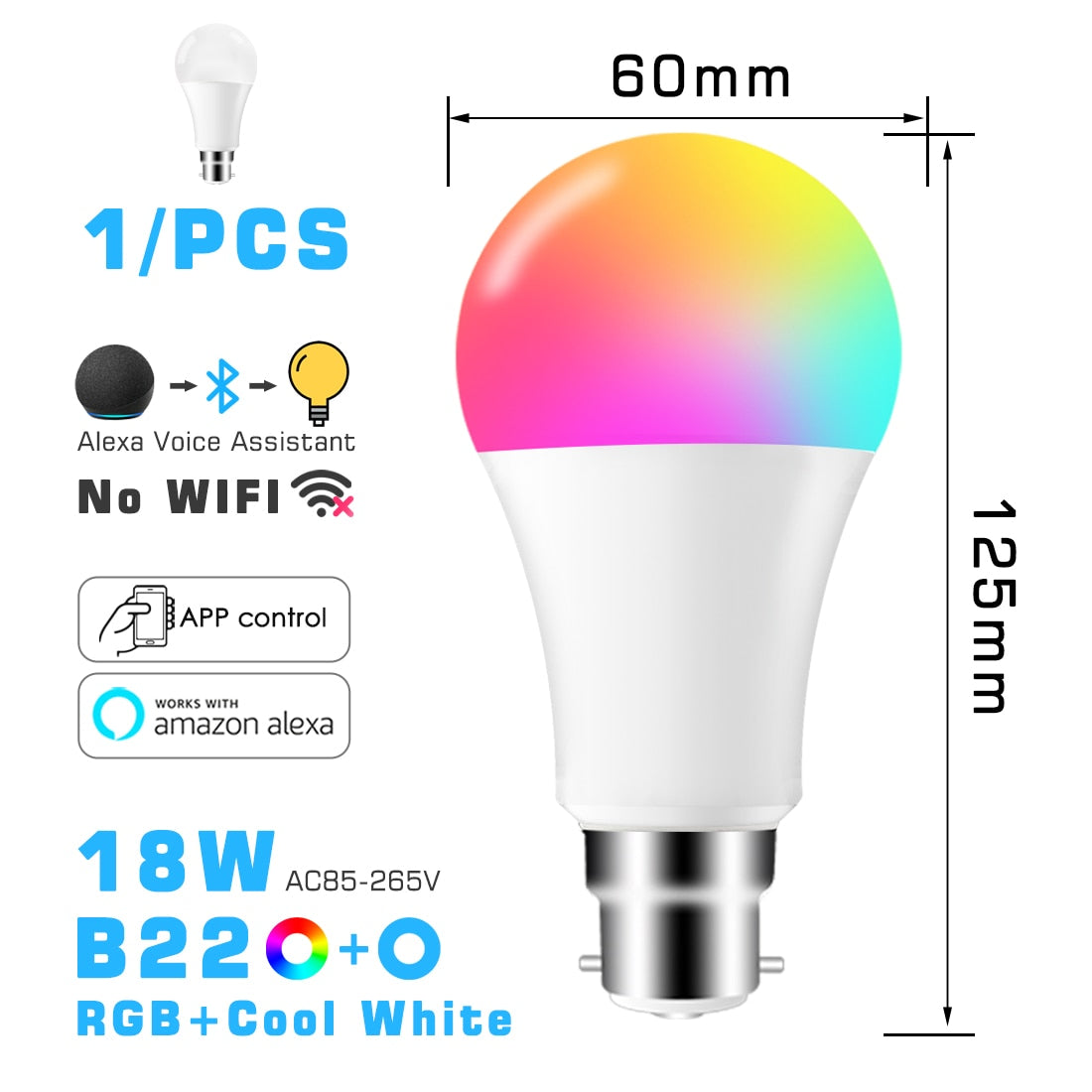 Bombilla LED inteligente RGB ahorro de energía, compatible con Alexa y app - Base E27 y B22, 10w y 18w ,control por bluetooth.