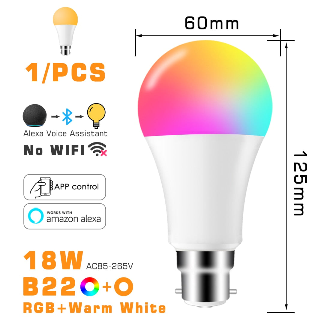 Bombilla LED inteligente RGB ahorro de energía, compatible con Alexa y app - Base E27 y B22, 10w y 18w ,control por bluetooth.