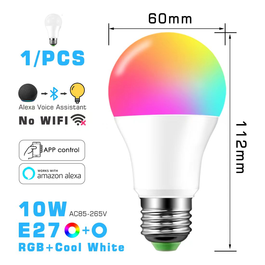 Bombilla LED inteligente RGB ahorro de energía, compatible con Alexa y app - Base E27 y B22, 10w y 18w ,control por bluetooth.
