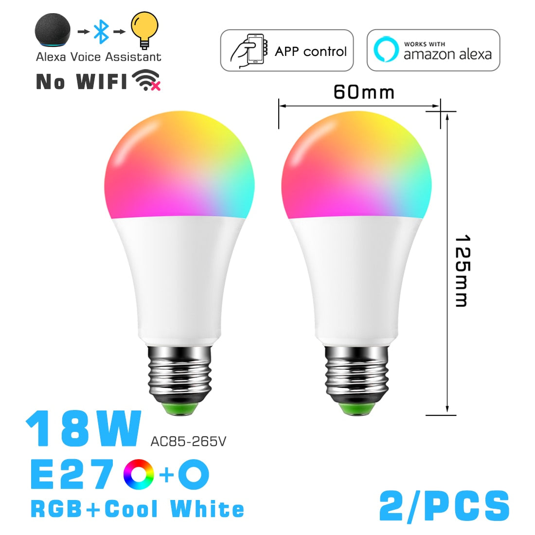 Bombilla LED inteligente RGB ahorro de energía, compatible con Alexa y app - Base E27 y B22, 10w y 18w ,control por bluetooth.