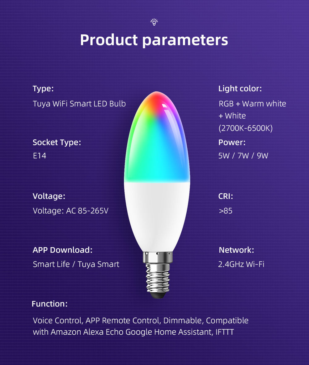 Bombilla LED inteligente tipo vela E14 RGB compatible con Alexa y Google Home y app Tuya.
