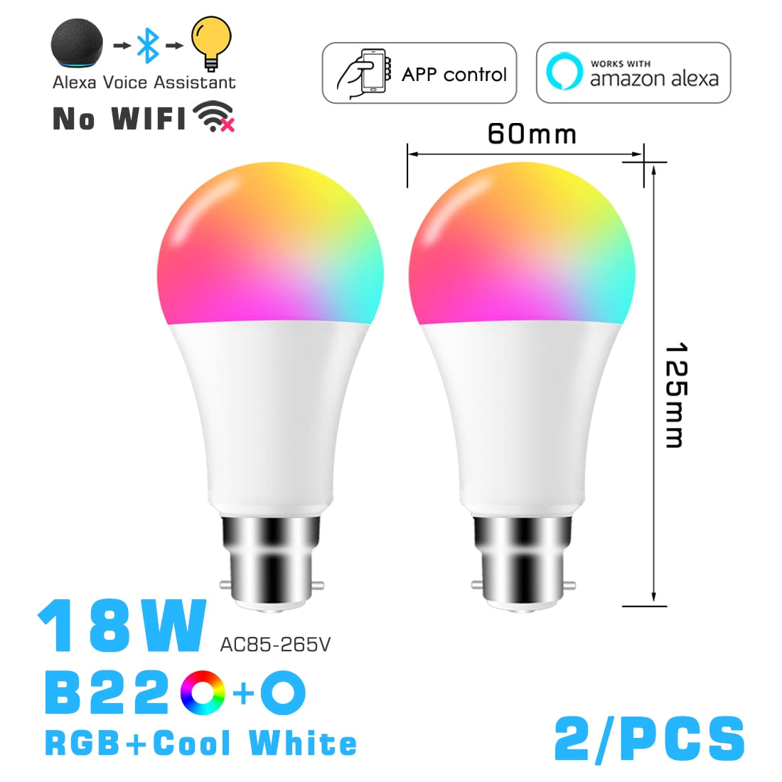 Bombilla LED inteligente RGB ahorro de energía, compatible con Alexa y app - Base E27 y B22, 10w y 18w ,control por bluetooth.