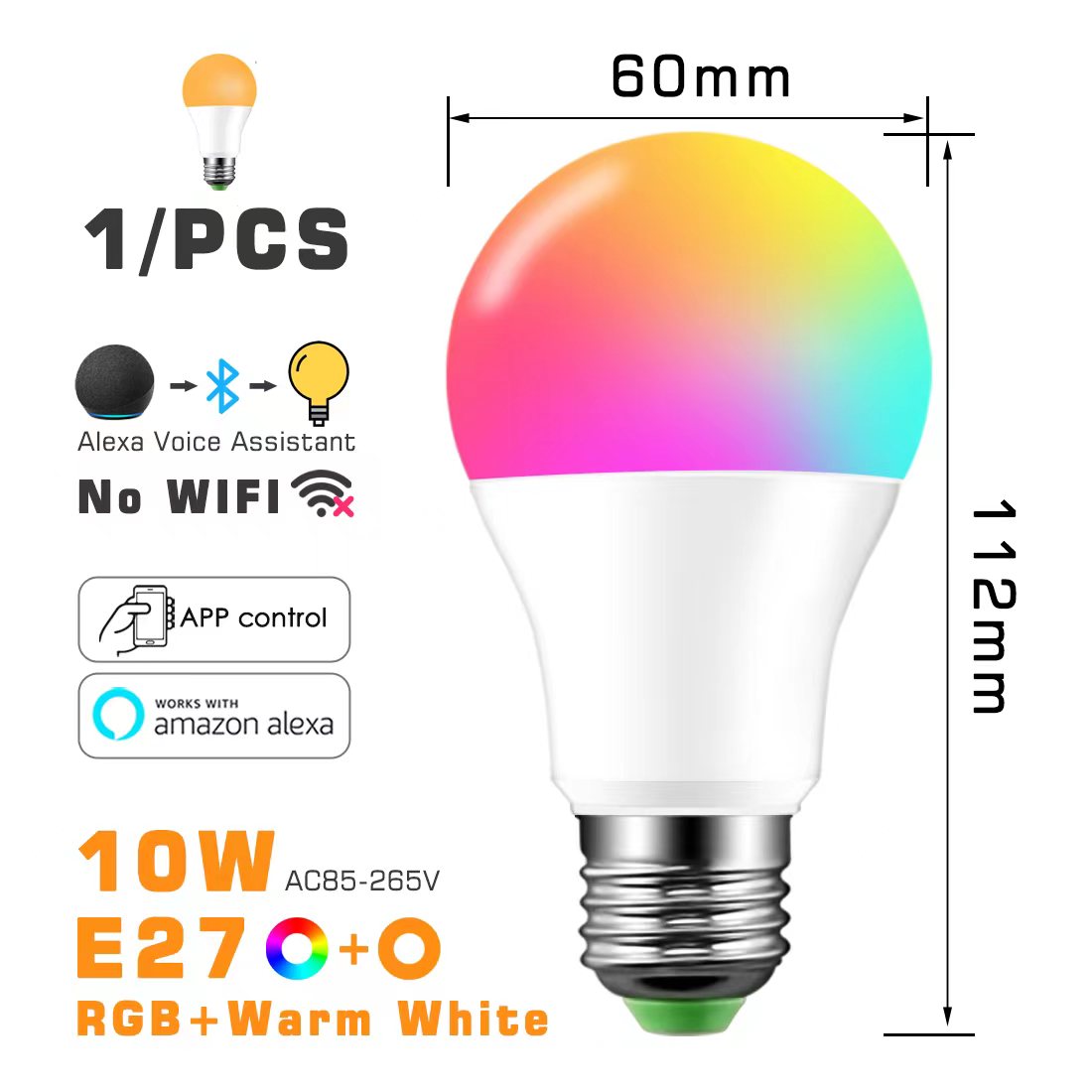Bombilla LED inteligente RGB ahorro de energía, compatible con Alexa y app - Base E27 y B22, 10w y 18w ,control por bluetooth.