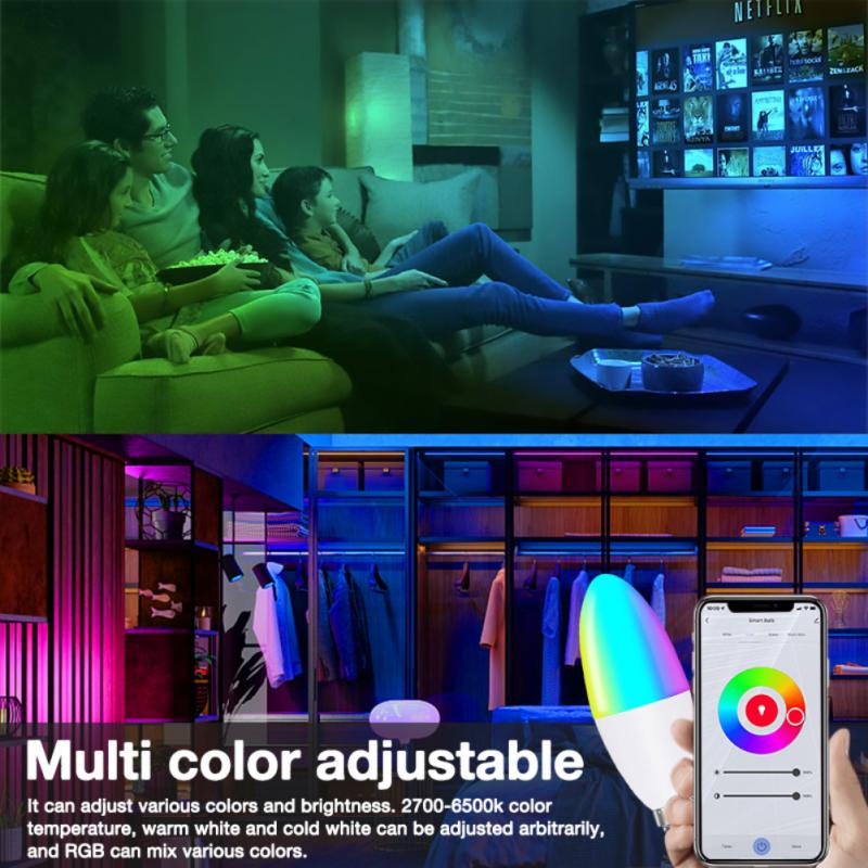 Bombilla de vela LED inteligente de ahorro energético: RGB, E14 , aplicación SmartLife y asistentes de voz alexa y google home vía wifi o bluetooth.