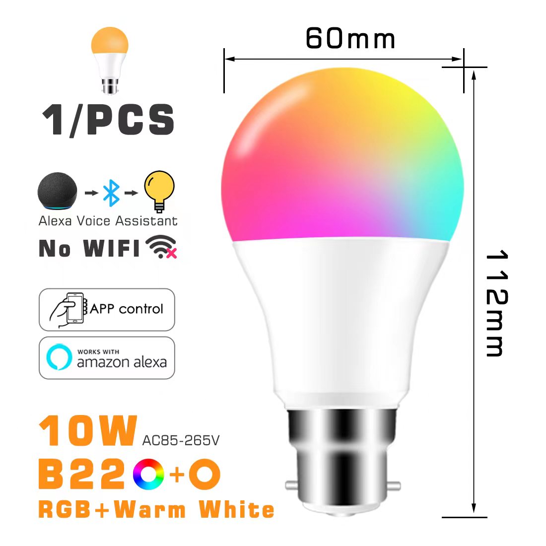 Bombilla LED inteligente RGB ahorro de energía, compatible con Alexa y app - Base E27 y B22, 10w y 18w ,control por bluetooth.