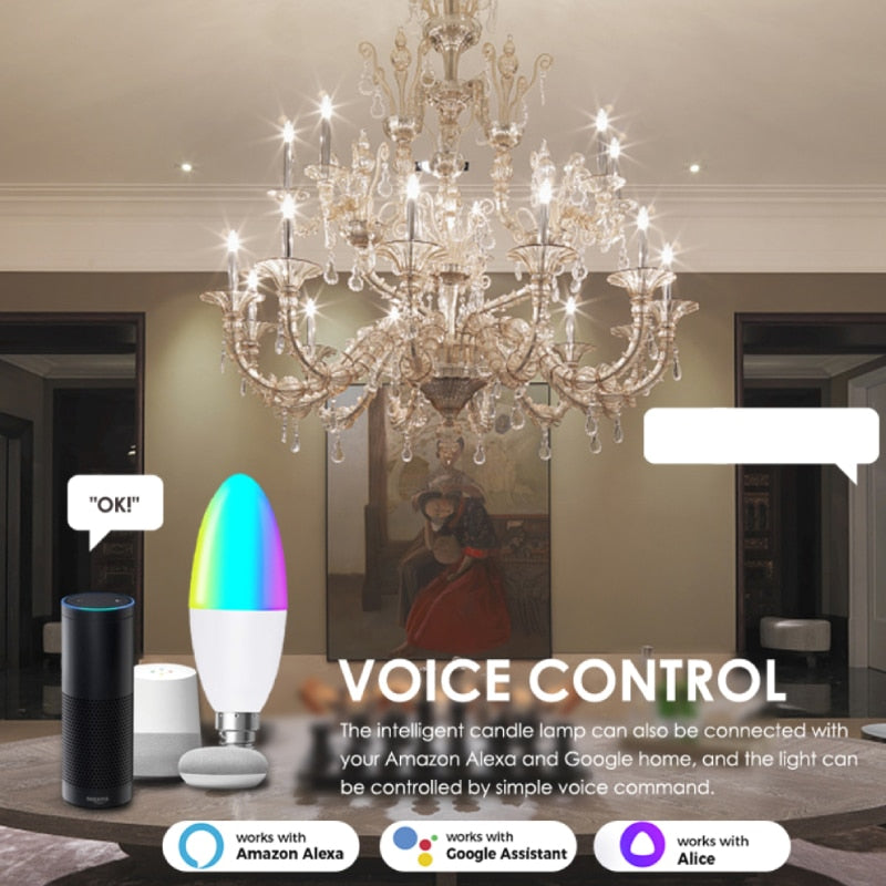 Bombilla de vela LED inteligente de ahorro energético: RGB, E14 , aplicación SmartLife y asistentes de voz alexa y google home vía wifi o bluetooth.