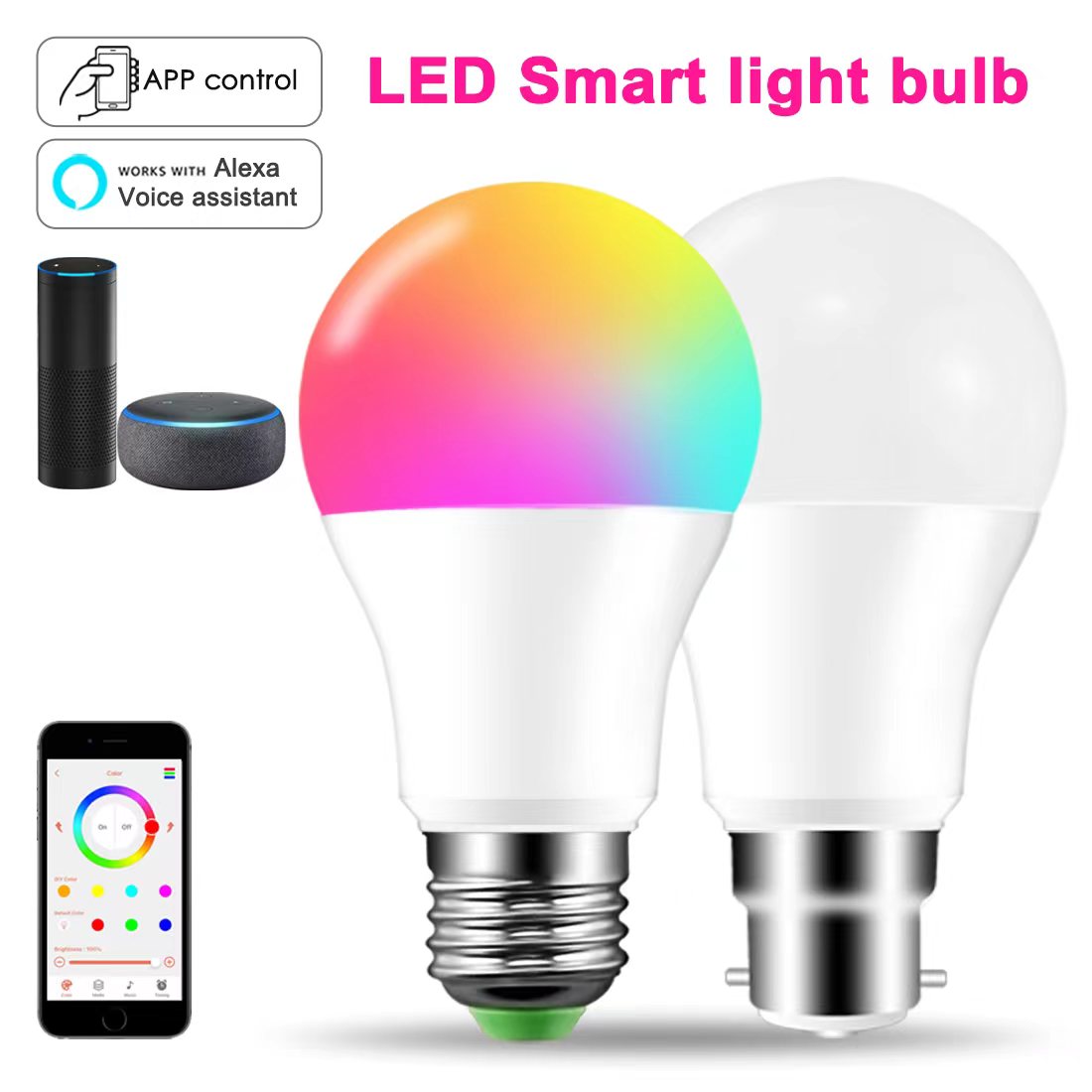 Bombilla LED inteligente RGB ahorro de energía, compatible con Alexa y app - Base E27 y B22, 10w y 18w ,control por bluetooth.