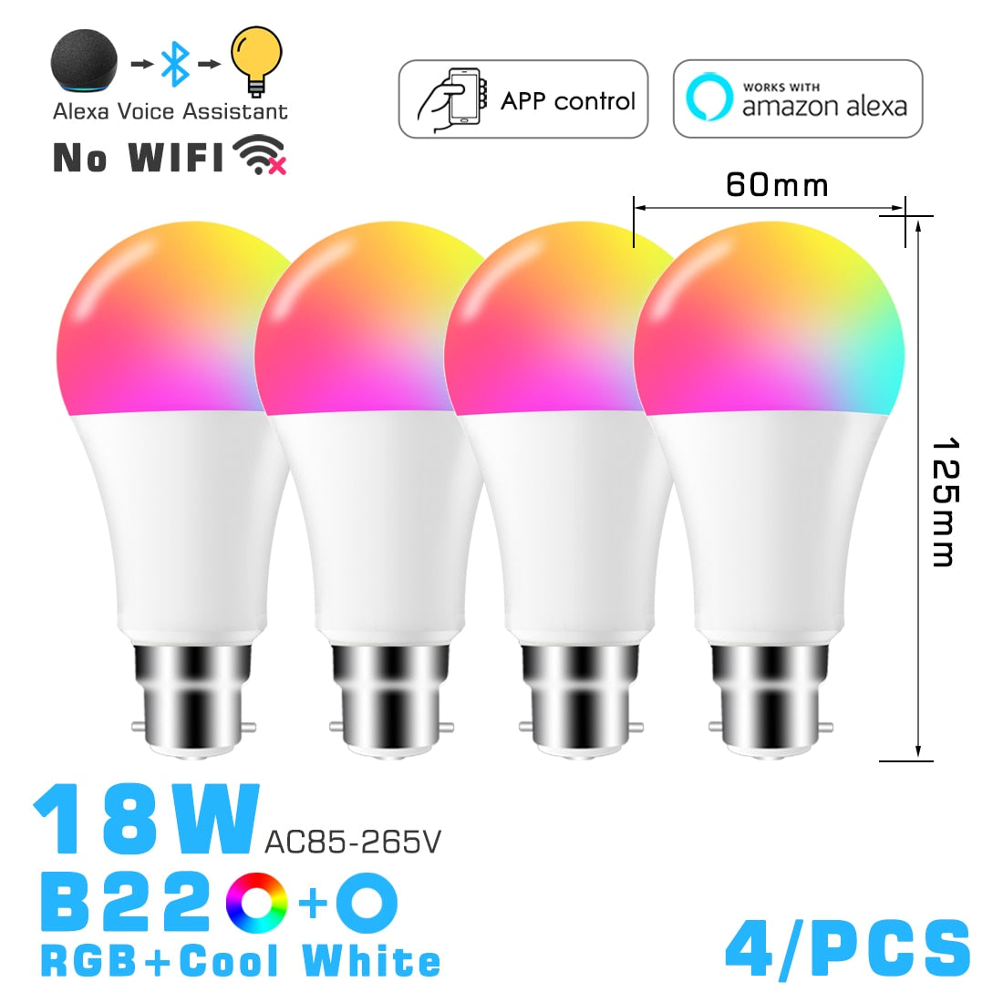 Bombilla LED inteligente RGB ahorro de energía, compatible con Alexa y app - Base E27 y B22, 10w y 18w ,control por bluetooth.