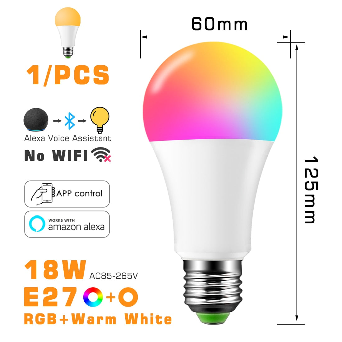 Bombilla LED inteligente RGB ahorro de energía, compatible con Alexa y app - Base E27 y B22, 10w y 18w ,control por bluetooth.