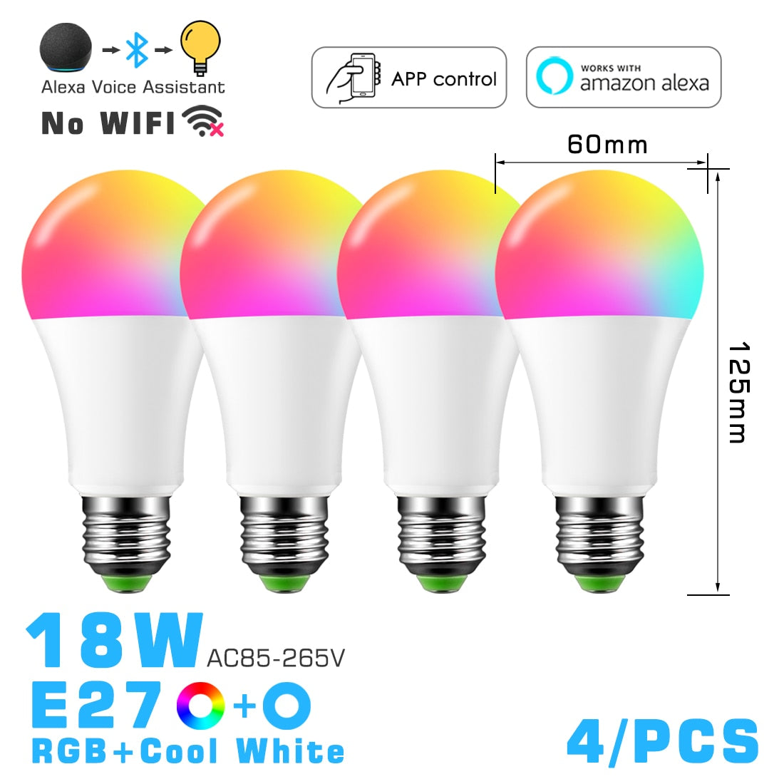 Bombilla LED inteligente RGB ahorro de energía, compatible con Alexa y app - Base E27 y B22, 10w y 18w ,control por bluetooth.