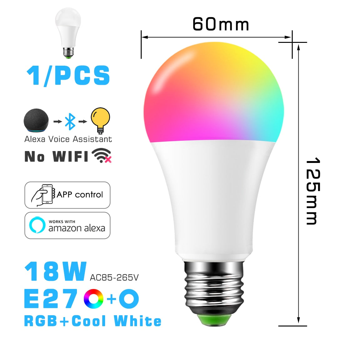 Bombilla LED inteligente RGB ahorro de energía, compatible con Alexa y app - Base E27 y B22, 10w y 18w ,control por bluetooth.