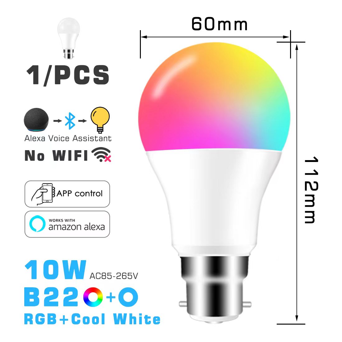 Bombilla LED inteligente RGB ahorro de energía, compatible con Alexa y app - Base E27 y B22, 10w y 18w ,control por bluetooth.