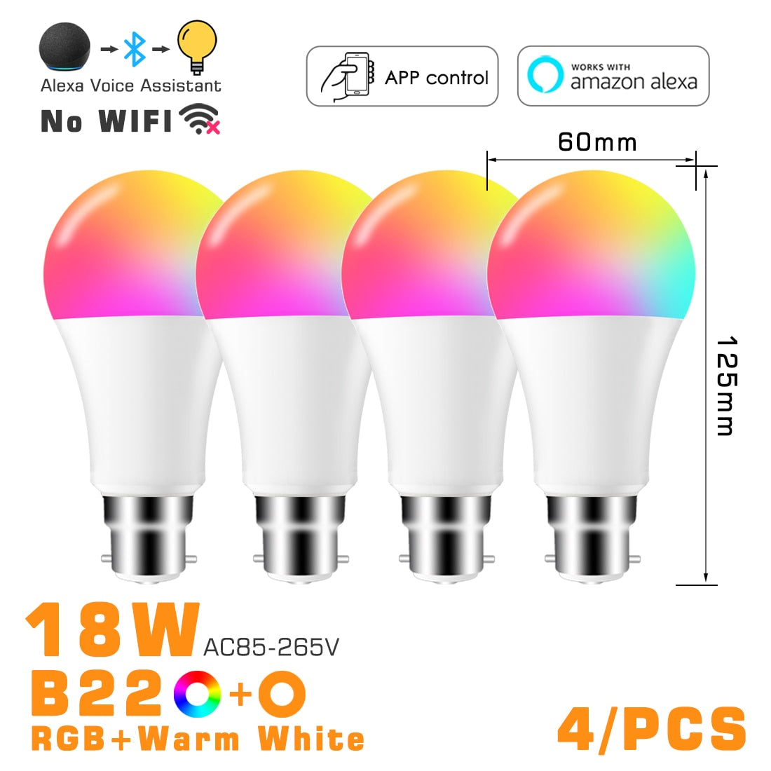 Bombilla LED inteligente RGB ahorro de energía, compatible con Alexa y app - Base E27 y B22, 10w y 18w ,control por bluetooth.