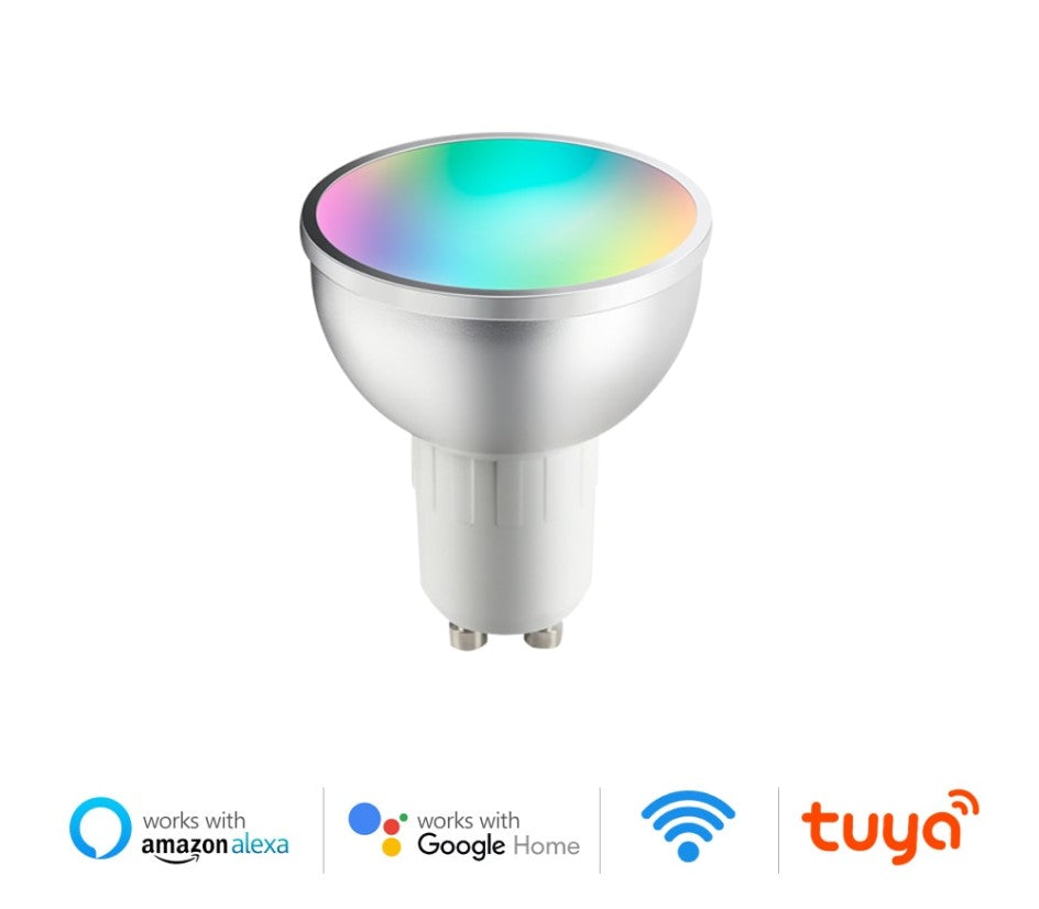 Bombilla Foco GU10 Inteligente RGB WiFi 5W regulable. funciona con alexa o google home y aplicación móvil mediante wifi.