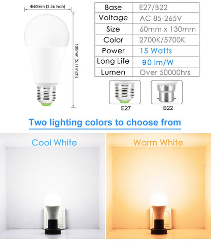 Bombilla LED inteligente: 15W RGB WiFi y control de voz compatible con Alexa y Google Home. E27 y  B22.