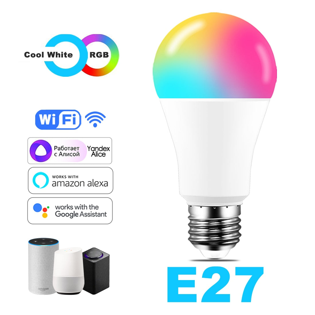 Bombilla LED inteligente: 15W RGB WiFi y control de voz compatible con Alexa y Google Home. E27 y  B22.