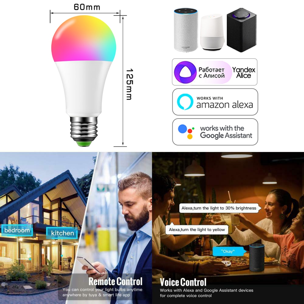 Bombilla LED inteligente: 15W RGB WiFi y control de voz compatible con Alexa y Google Home. E27 y  B22.