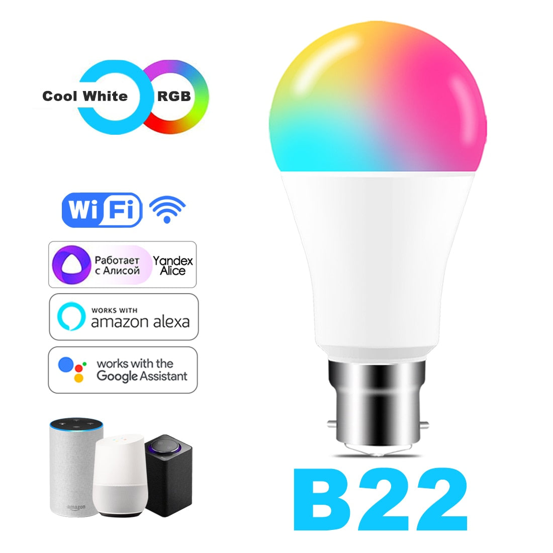 Bombilla LED inteligente: 15W RGB WiFi y control de voz compatible con Alexa y Google Home. E27 y  B22.