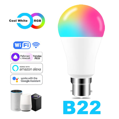 Bombilla LED inteligente: 15W RGB WiFi y control de voz compatible con Alexa y Google Home. E27 y  B22.