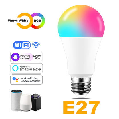 Bombilla LED inteligente: 15W RGB WiFi y control de voz compatible con Alexa y Google Home. E27 y  B22.