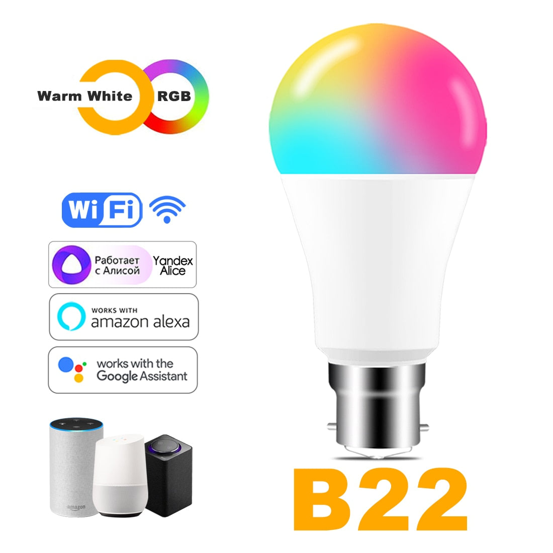 Bombilla LED inteligente: 15W RGB WiFi y control de voz compatible con Alexa y Google Home. E27 y  B22.